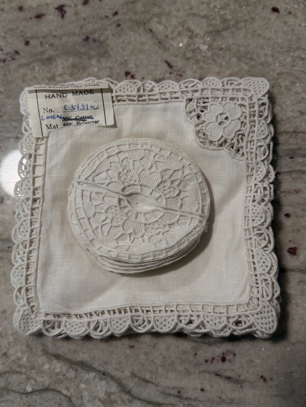 Vintage Handmade White Lace and Linen Stemware Coaster Set of 12 & 12 New